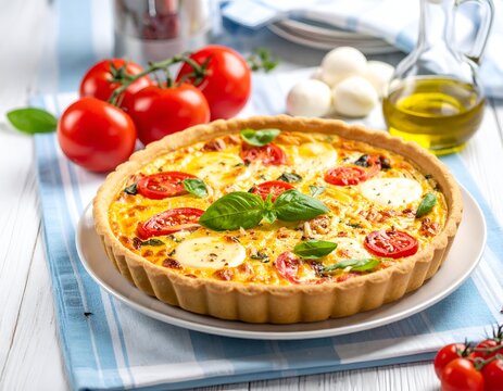 A savory quiche with tomatoes, mozzarella, and basil on a white plate