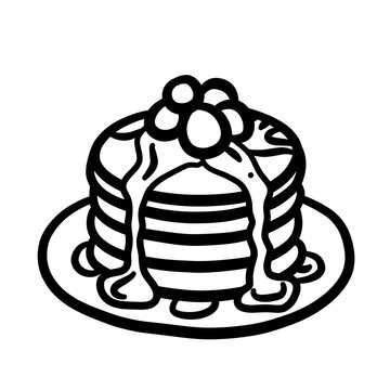 Hand drawn stack of pancakes with honey drizzle and fruit topping line art vector illustration isolated on transparent background