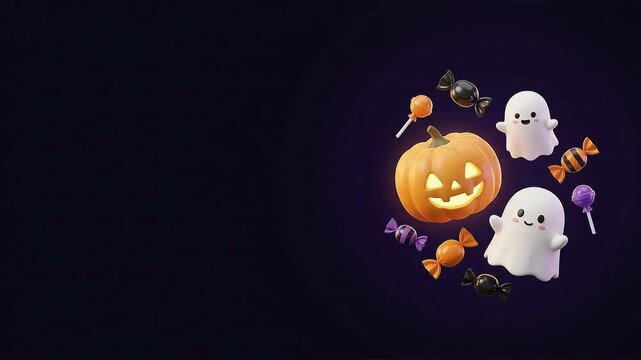 Animated motion graphic of cute spooky halloween promotional banner presenting glowing pumpkin and friendly ghosts floating over a midnight purple empty background.