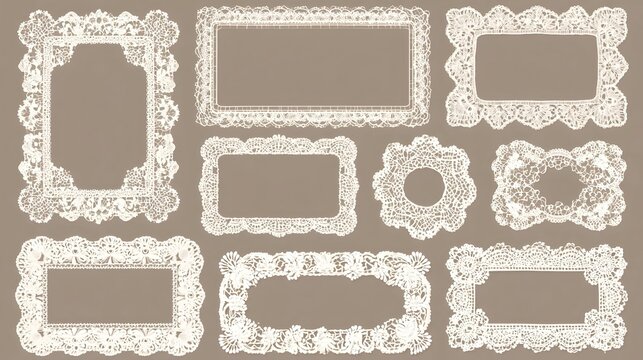 Vintage retro lace frame collection. Whimsical rectangular elegant lace doilies in crochet style with floral decorative borders. Whimsical silhouettes, squiggle shapes for wedding invitation cards