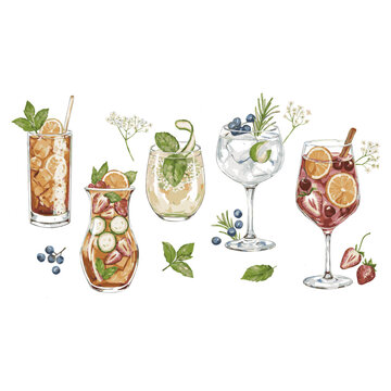 Generated on hand drawn watercolor cocktail illustration set with iced tea elderflower mint spritz gin tonic pimms cup and pink sangria vector art on white background