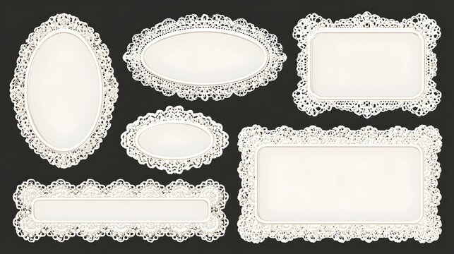 White whimsical lace frames and white borders. Oval, rectangle shapes with vintage elegance decorated with whimsy lines, squiggles. Top view covers for branding, scrapbooking and social media. Stoc...