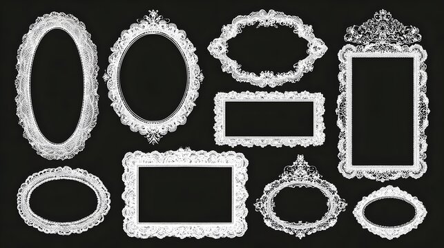 White whimsical lace frames and white borders. Oval, rectangle shapes with vintage elegance decorated with whimsy lines, squiggles. Top view covers for branding, scrapbooking and social media. Stoc...