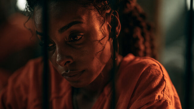 A cinematic close-up portrait of a thoughtful African American female inmate wearing an orange jumpsuit behind prison bars with moody lighting.