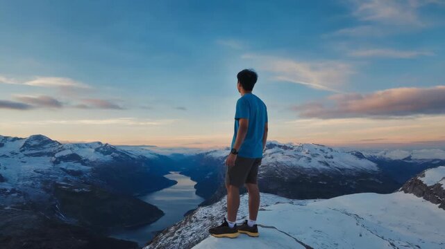 Man stands atop snowy mountain peak at dawn. Blue sky blushes above distant, snow-capped ranges. Serene river winds through valley below. Silent stillness wraps the vast, frozen landscape