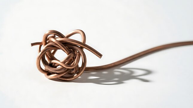 A tangled copper wire on a white background with a shadow