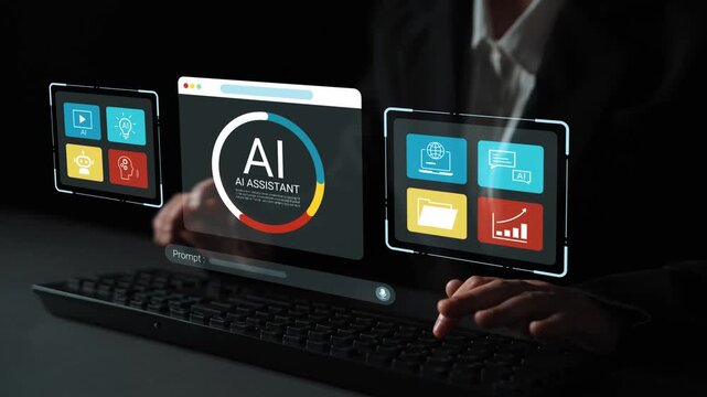 Hands using keyboard to interact with digital AI assistant interface on transparent screen, showcasing technology, innovation, and futuristic concepts Gluon.