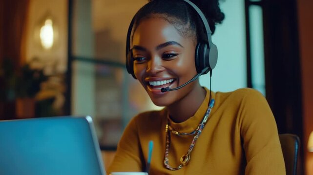 Woman wearing headphones, smiling, sitting at a desk in an office