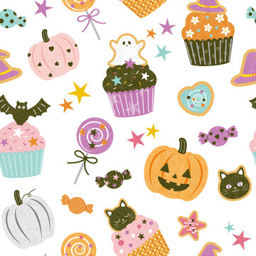 Cute Halloween cupcakes and candies seamless pattern on a transparent background for fabric, home decor, and packaging design