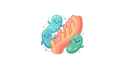 Naklejka premium Cute microbes interacting with pink intestinal villi.