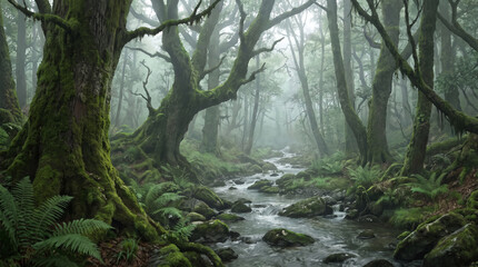Fototapeta premium Mystical forest with moss-covered trees and a flowing stream.