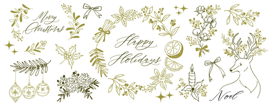 Christmas frame and clipart set with hand-painted minimal line art for greeting cards, banners, and surface design