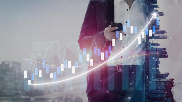 A businessman stands confidently in a cityscape at dusk, analyzing stock market trends on his smartphone, surrounded by digital graphs and financial data. Copula