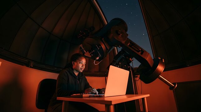 Young astronomer working on a laptop inside a dark observatory at night