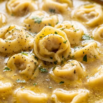 Macro shot of Italian tortellini in meat broth in decorated bowl isolated on white background