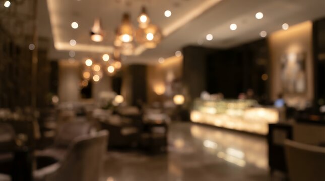 A softly lit restaurant interior featuring elegant decor and a warm ambiance. The space includes stylish furniture and a glowing counter area.