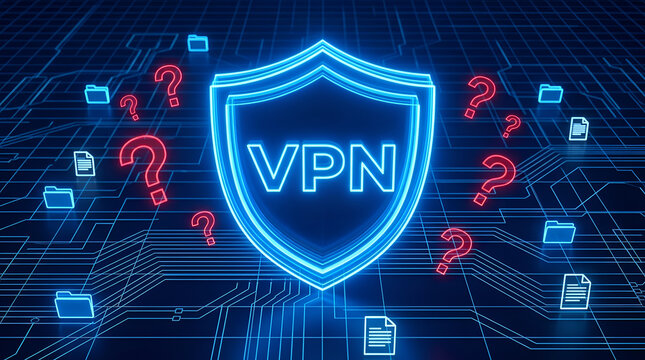 VPN shield symbol stands among red question mark icons on a digital grid.