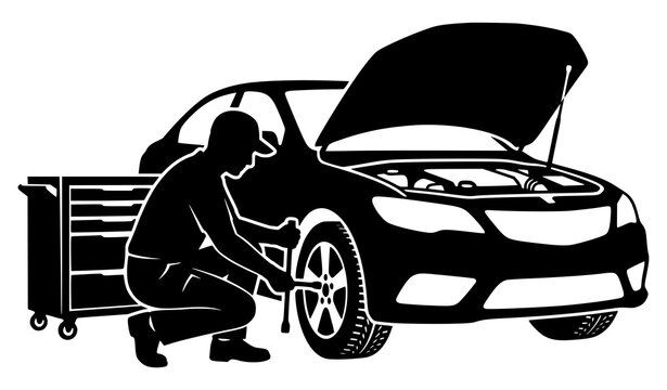 Car Mechanic Tire and Engine Service Black Silhouette Automotive Vector EPS