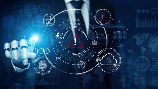 Businessman with Gesture Interface Indicating Warning Symbol in Technology and Cybersecurity Concept with Data Analysis Graphics. Entropy.