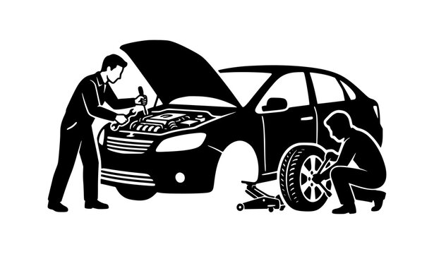 Professional Auto Mechanic Car Engine and Tire Repair Black Silhouette Vector