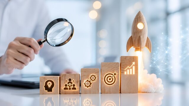 Businessman using magnifying glass to inspect wooden rocket launching from strategy blocks. Concept of startup growth and corporate analysis.