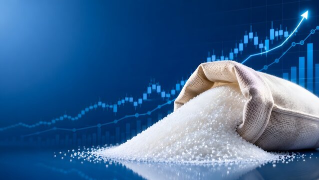 Sack of white sugar spilling with rising financial chart background. Concept of commodity trading and agricultural market inflation.