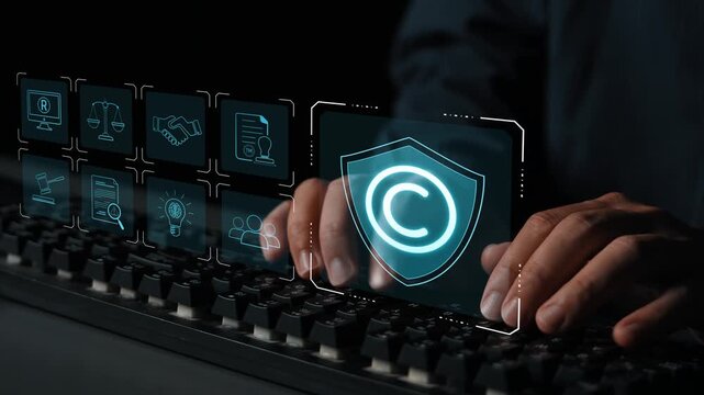 Digital copyright protection system showing secure ownership, intellectual property rights, content verification, and legal warning icons for creators and publishers Marrow
