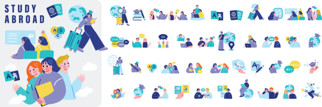 英会話を学ぶ人々のイラストセット