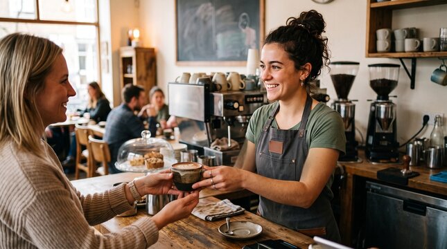 Friendly barista serves coffee to customer in a cozy cafe with pastries on display