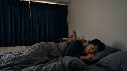 Fototapeta premium Young woman peacefully sleeping in a dark bedroom covered with a cozy duvet and pillows