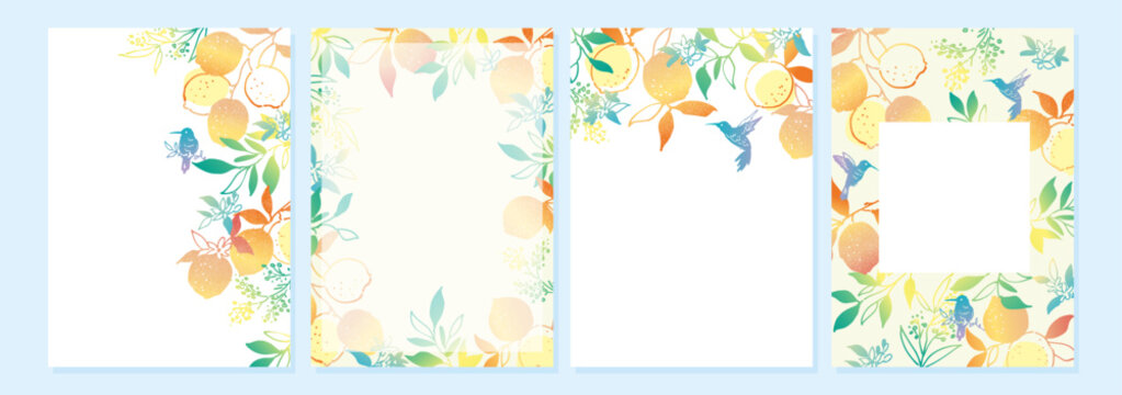 Summer greeting card set with hand-painted lemon and hummingbird line art