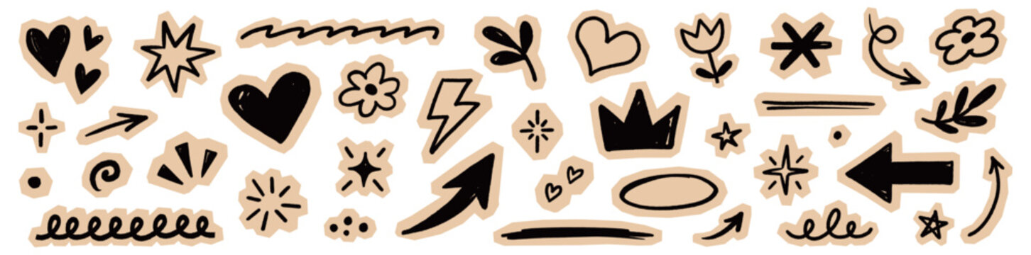 Paper sticker arrow heart set. Hand drawn paper sticker arrow heart star collage scrapbook texture. Cute diary notebook crown craft cutout y2k grunge background. Vector