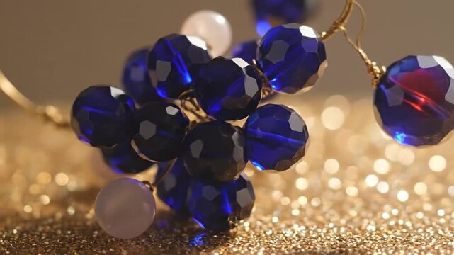 Blue and white bead jewelry on gold glitter.