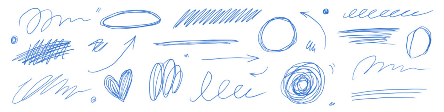 Pen scribble line doodle set. Hand drawn blue pen scribble line doodle texture scratch paper notebook ink. School arrow spiral squiggly graffiti expressive rough background. Vector