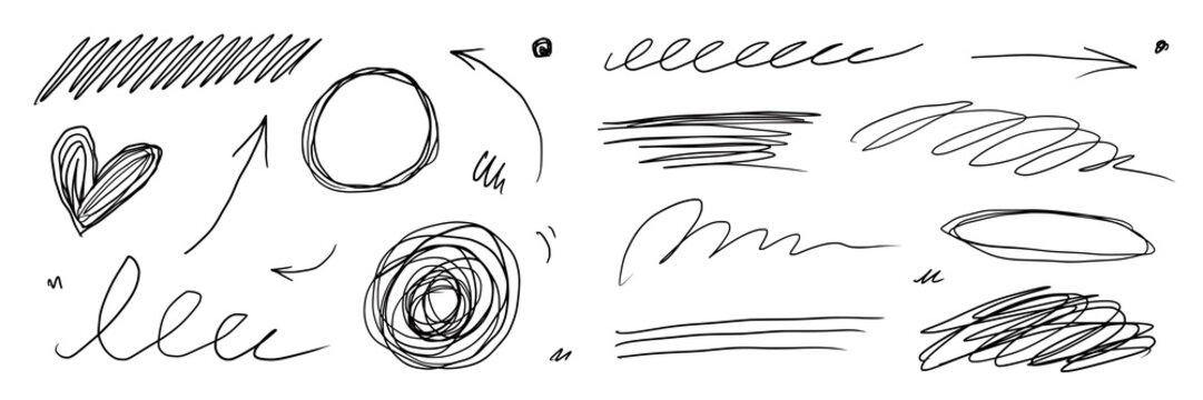 Scribble line pen doodle set. Hand drawn scribble line pen doodle scratch pencil texture circle brush. School arrow notebook text highlight handwritten sketchy background. Vector