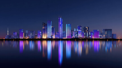 Naklejka premium A stunning cityscape at night, illuminated by vibrant neon lights that reflect beautifully on the water's surface. The modern skyscrapers create a futuristic and dazzling urban panorama