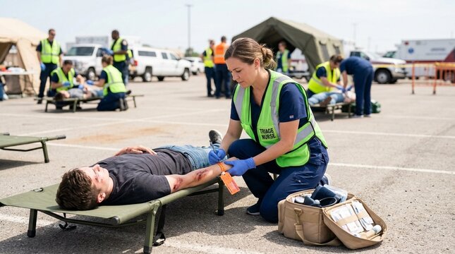 Triage Nurse Quickly Assessing a Simulated Patient's Vital Signs during a Mass Casualty Drill