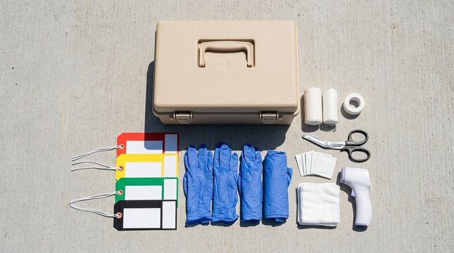 Preparing a Triage Station with Tags Gloves and a Basic First Aid Supply Box