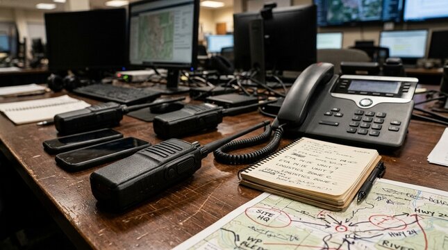 Emergency Command Center Staff Coordinating Resources Using Radios and Phones at a Shared Table