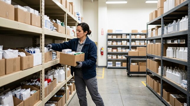 Worker Restocking Emergency Supply Shelves after a Routine Inventory Count