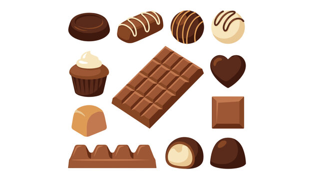 Vector illustration of assorted chocolate candies bar and cupcake collection isolated flat graphic element on white background. (17 words)