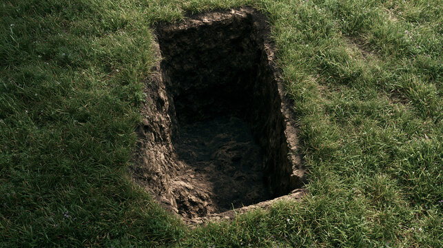 A photograph of a newly dug empty grave in a grassy cemetery or field, evoking a somber, gloomy, and dramatic atmosphere associated with death and mourning.