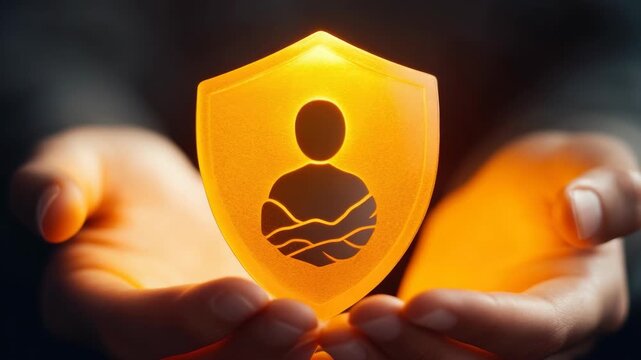 A hand delicately cradles a glowing shield, symbolizing safeguarding and security.