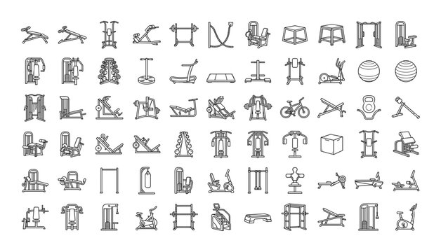 Gym equipment vector icons isolated on transparent background for fitness.