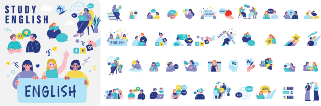 英語学習をする人々のイラストセット