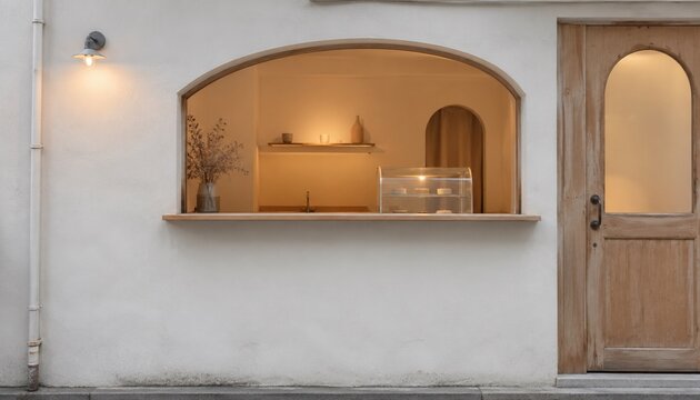 Minimal cafe storefront with arched service window and wooden door