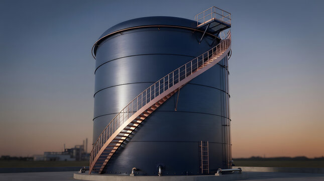 Industrial oil storage tank with metallic blue finish and spiral staircase provides bulk liquid logistics.