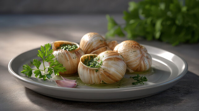 Delicious escargots served with garlic and parsley, a culinary delight on a grey plate. The dish is garnished with fresh herbs, showcasing a rich flavor profile