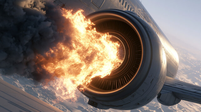 A digital painting of an airplane engine on fire, emitting thick black smoke and bright flames mid-air during an unexpected aviation emergency and disaster.