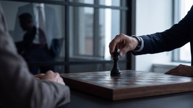 Executive moving a chess king in a corporate meeting, symbolizing nominee control, hidden ownership, power, influence, business strategy and corporate governance.